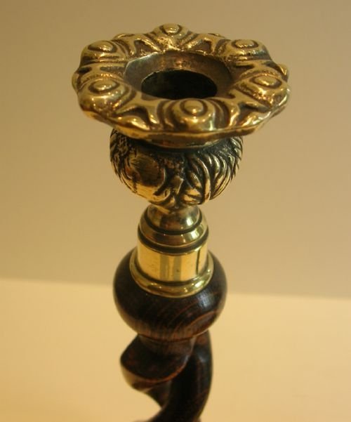 fig 1. Pair Antique English Oak Open Barley Twist Candlesticks - Brass Thistle Tops