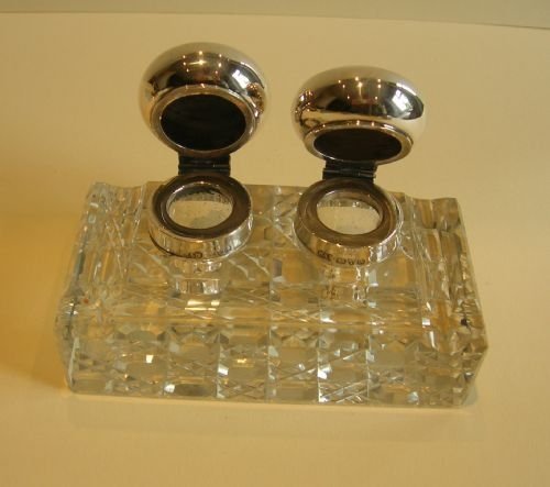 fig 1. Antique English Cut Crystal and Sterling Silver Double Inkwell - 1901