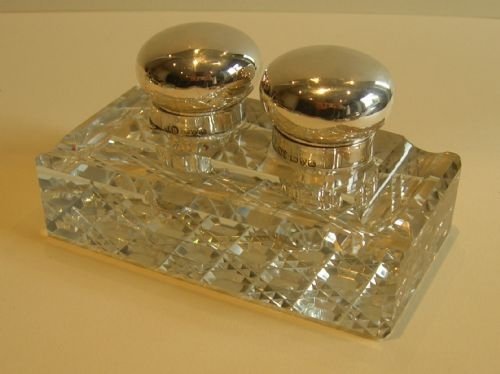 Antique English Cut Crystal and Sterling Silver Double Inkwell - 1901