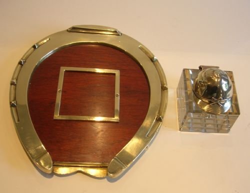 fig 2. Large Antique English Mahogany & Brass Equestrian Inkstand - Horseshoe & Jockey Cap