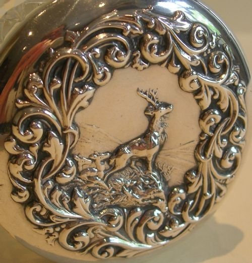 Antique English Sterling Silver Topped Jar or Pot - Scottish Stag Scene
