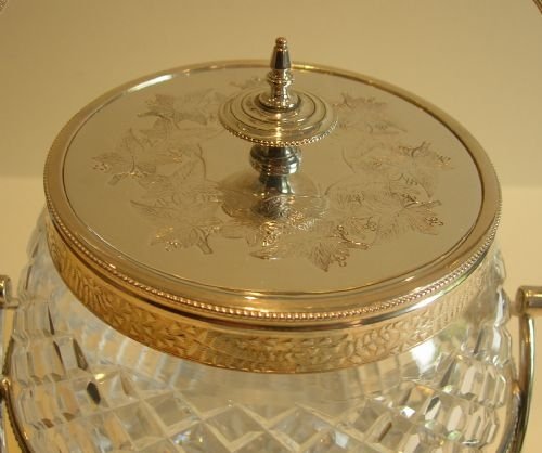 fig 1. Handsome English Victorian Cut Crystal & Silverplate Biscuit Box / Barrel