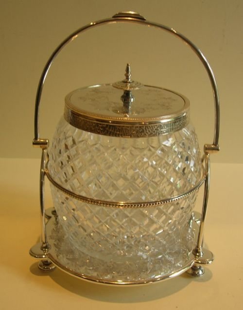 Handsome English Victorian Cut Crystal & Silverplate Biscuit Box / Barrel