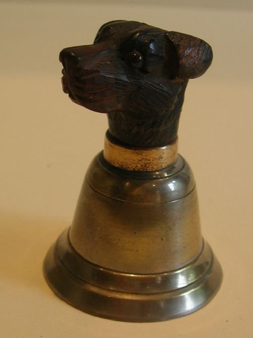 Antique Black Forest Table Bell - Carved Wooden Dog's Head with Glass Eyes
