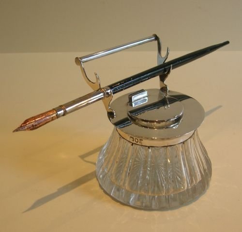 Antique English Cut Crystal & Sterling Silver Inkwell with Pen Rest