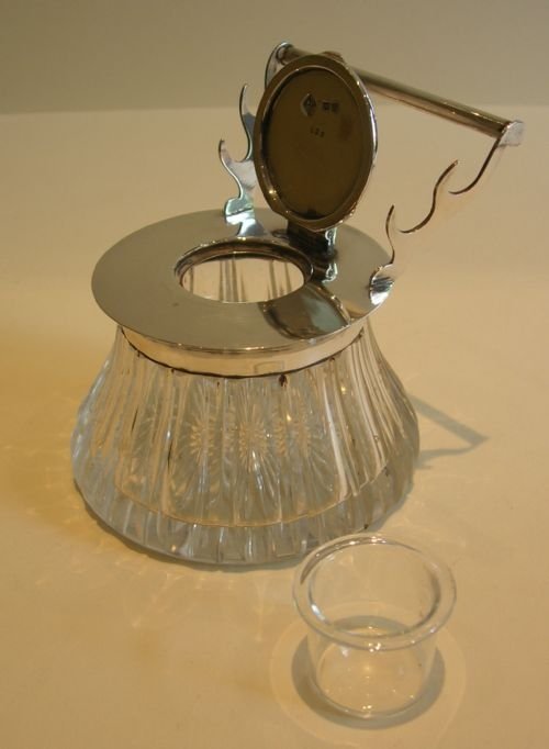 fig 1. Antique English Cut Crystal & Sterling Silver Inkwell With Pen Rest