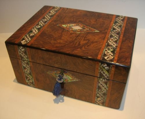 Magnificent Large Burr Walnut Jewellery Box - Ivory & Abalone Shell Inlay