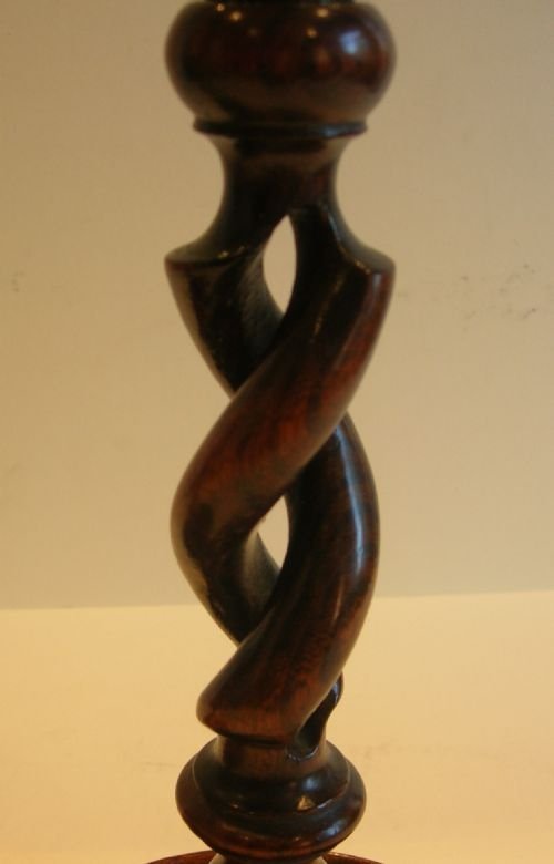 fig 1. Pair Antique English Oak Open Barley Twist Candlesticks - Brass Thistle Tops