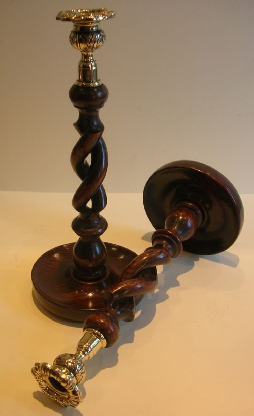 Pair Antique English Oak Open Barley Twist Candlesticks - Brass Thistle Tops