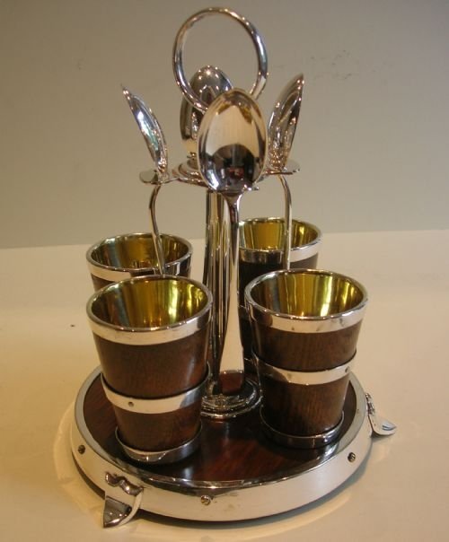 Unusual Antique English Oak & Silver Plated Egg Cruet by John Grinsell & Sons