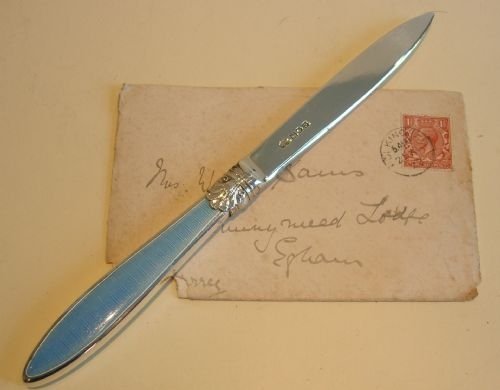 English Sterling Silver & Blue Guilloche Enamel Letter Opener - 1935