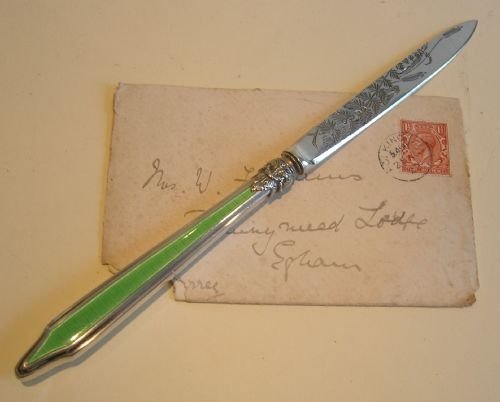 Antique English Sterling Silver & Green Guilloche Enamel Letter Opener