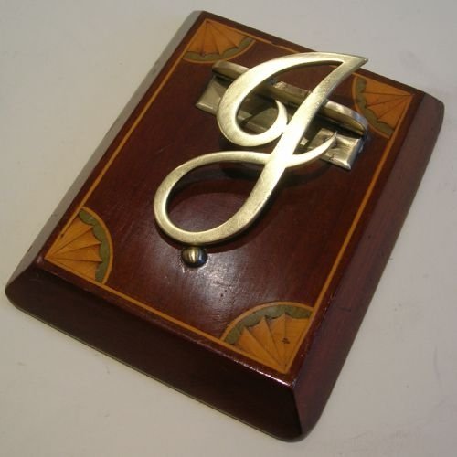 Victorian Fan Inlaid Mahogany & Brass Letter or Paper Clip - " J "