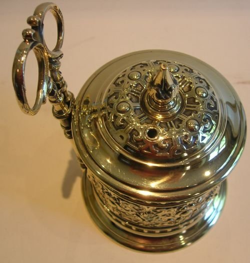 fig 1. Large Antique English Brass String Box / Dispenser with Scissors c.1870