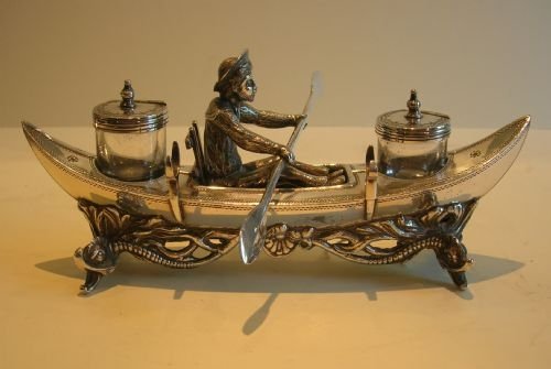 Antique English Figural Double Inkstand - Nautical Themed - Sailor Paddling