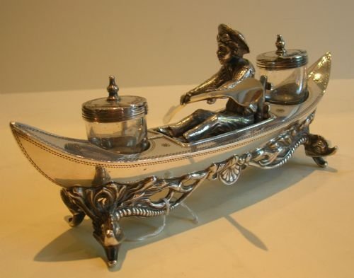fig 1. Antique English Figural Double Inkstand - Nautical Themed - Sailor Paddling