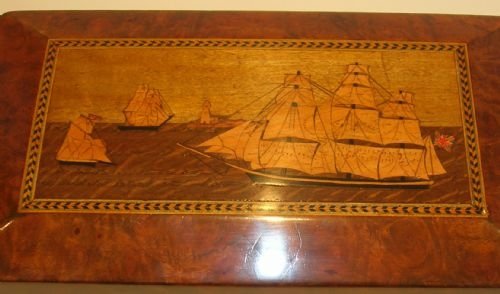 fig 1. Rare Antique English Clipper Ship Inlaid Tea Caddy / Box - c.1870