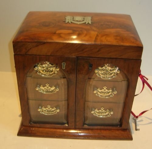 fig 1. Magnificent Large English Walnut Jewelry Box With Glass Doors c.1880