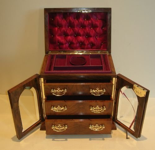 Magnificent Large English Walnut Jewelry Box with Glass Doors C.1880