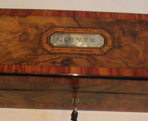 fig 1. Exquisite English Victorian Burl Walnut Gloves Box - Tulipwood Cross-Banding
