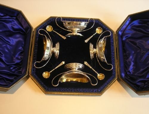 Set Four Boxed English Sterling Silver Salts & Spoons - Victorian
