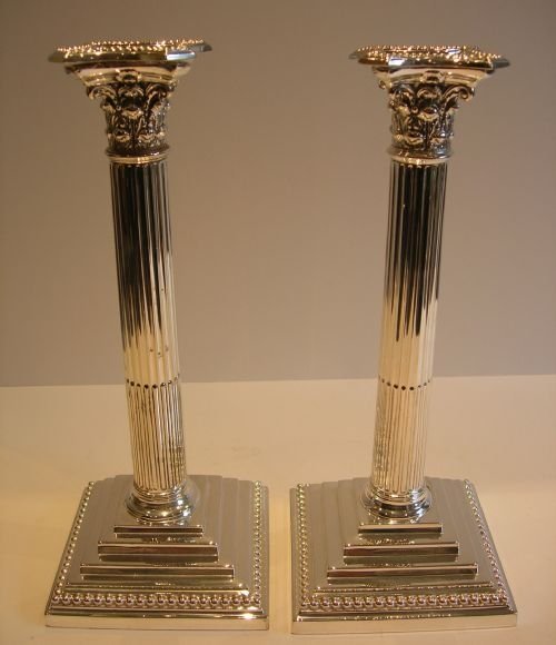 Pair Antique English Silver Plate Corinthian Column Candlesticks by William Hutton & Sons