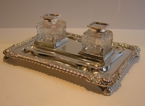 Large English Victorian Silver Plate Double Inkwell / Inkstand