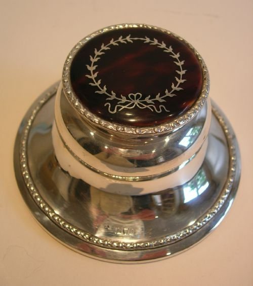 Beautiful Antique English Sterling Silver and Tortoiseshell Inkwell - Edwardian