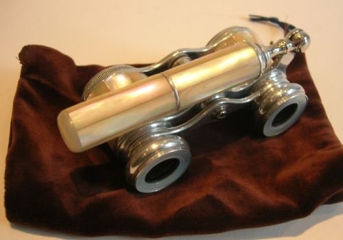 Stunning Antique French Aluminum & Mother of Pearl Opera Glasses - Lorgnette Handle