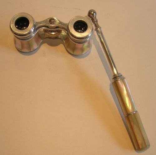 fig 1. Stunning Antique French Aluminum & Mother of Pearl Opera Glasses - Lorgnette Handle