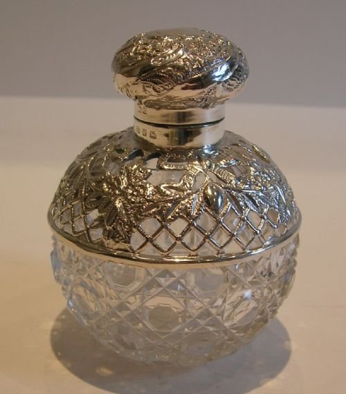 Antique English Cut Crystal and Sterling Silver Perfume Bottle - Victorian