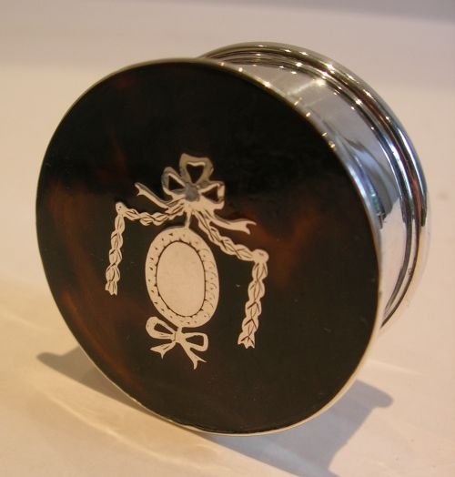 Large English Sterling Silver Pill Box - Tortoiseshell & Silver Pique Inlay - 1916