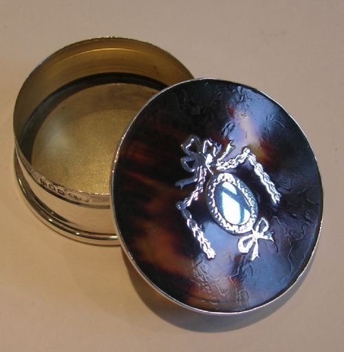 fig 1. Large English Sterling Silver Pill Box - Tortoiseshell & Silver Pique Inlay - 1916