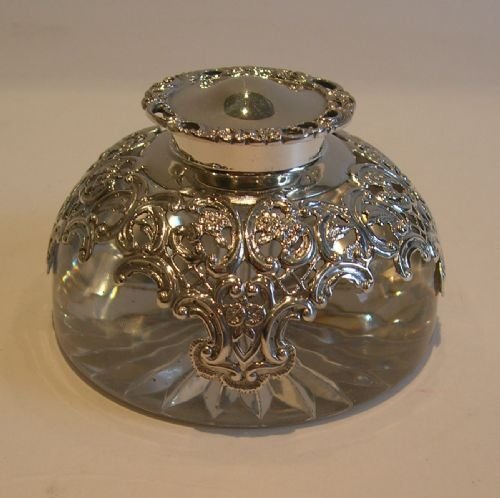 Stunning English Glass & Sterling Silver Inkwell by William Comyns - 1900