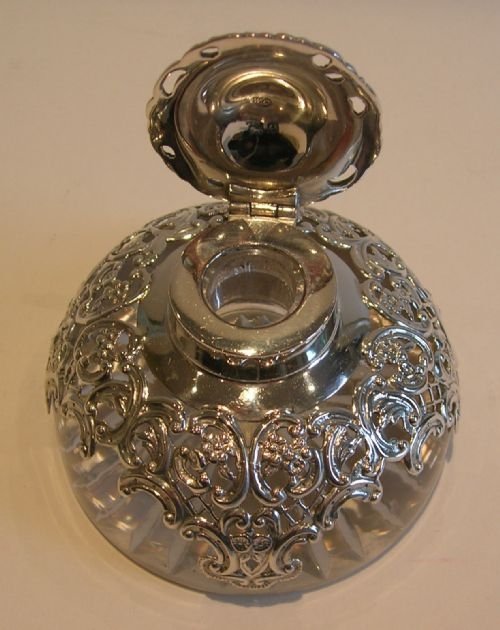 fig 1. Stunning English Glass & Sterling Silver Inkwell by William Comyns - 1900