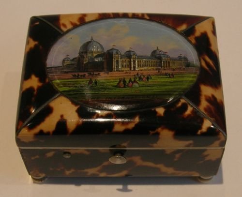 Fabulous Antique Tortoiseshell Box - Reverse Painted - Great Exhibition 1851
