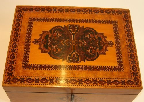 fig 1. Stunning Antique English Burr Maple & Tunbridge Ware Table or Jewelry Box c1840
