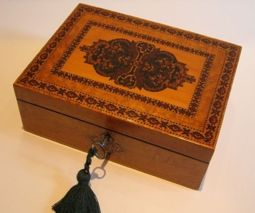 Stunning Antique English Burr Maple & Tunbridge Ware Table or Jewelry Box C1840