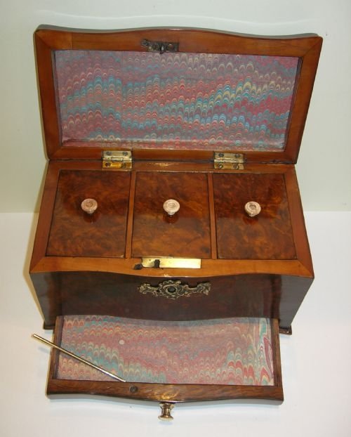 fig 2. Late 18th Century French Triple Burl Walnut Tea Caddy With Teaspoon Drawer c.1790