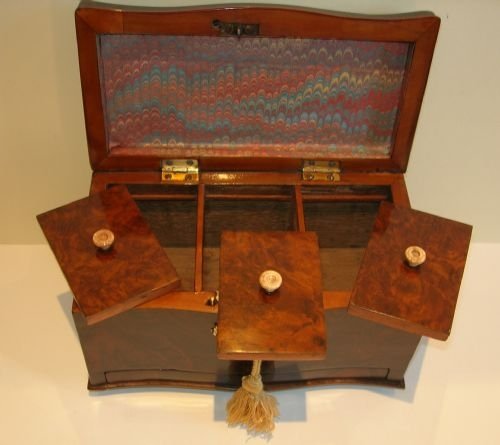 fig 1. Late 18th Century French Triple Burl Walnut Tea Caddy With Teaspoon Drawer c.1790