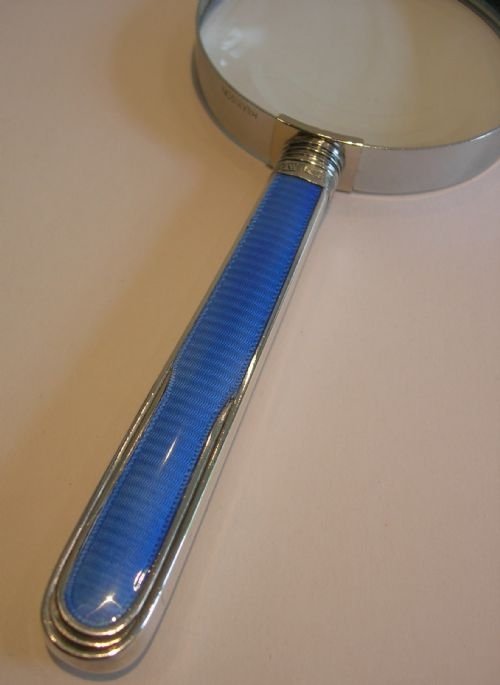 English Sterling Silver and Guilloche Enamel Handled Magnifying Glass