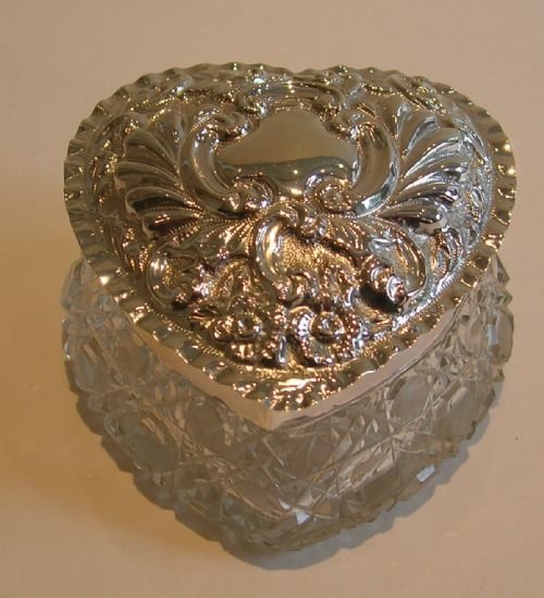 Large Antique English Cut Crystal Heart Shaped Box - Sterling Silver Lid