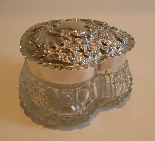 fig 1. Large Antique English Cut Crystal Heart Shaped Box - Sterling Silver Lid