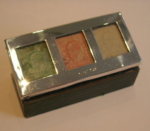Antique English Leather & Sterling Silver Postage Stamp Box - 1904