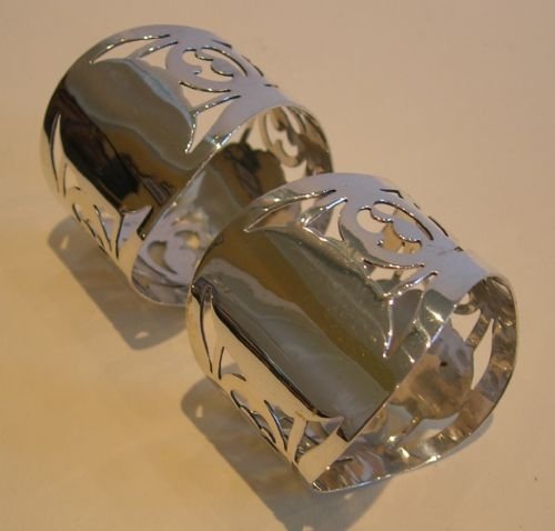 Large Pair English Sterling Silver Napkin Rings - Reticulated Decoration