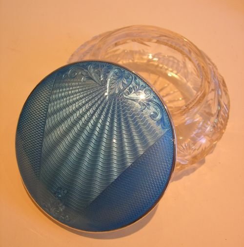 English Cut Crystal Powder Jar - Sterling Silver and Guilloche Enamel Lid