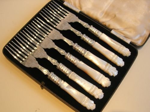 Antique English Sterling Silver & Mother of Pearl Cake or Desert Forks