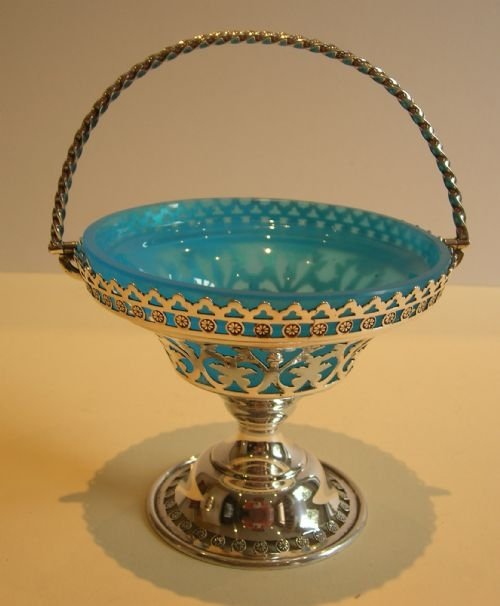 Antique English Pierced or Reticulated Basket - Blue Opaline Glass Lined