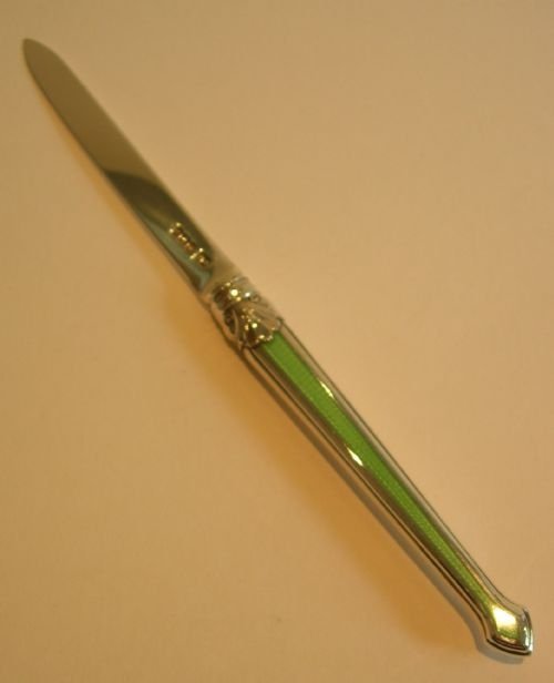Antique English Sterling Silver & Green Guilloche Enamel Letter Opener