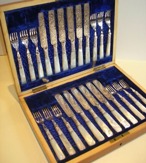Magnificent Set 12 Fruit Knives & Forks / Mother of Pearl Handles - Fattorini & Sons